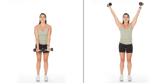 Frau, die Y-Raise-Übung mit Hanteln macht