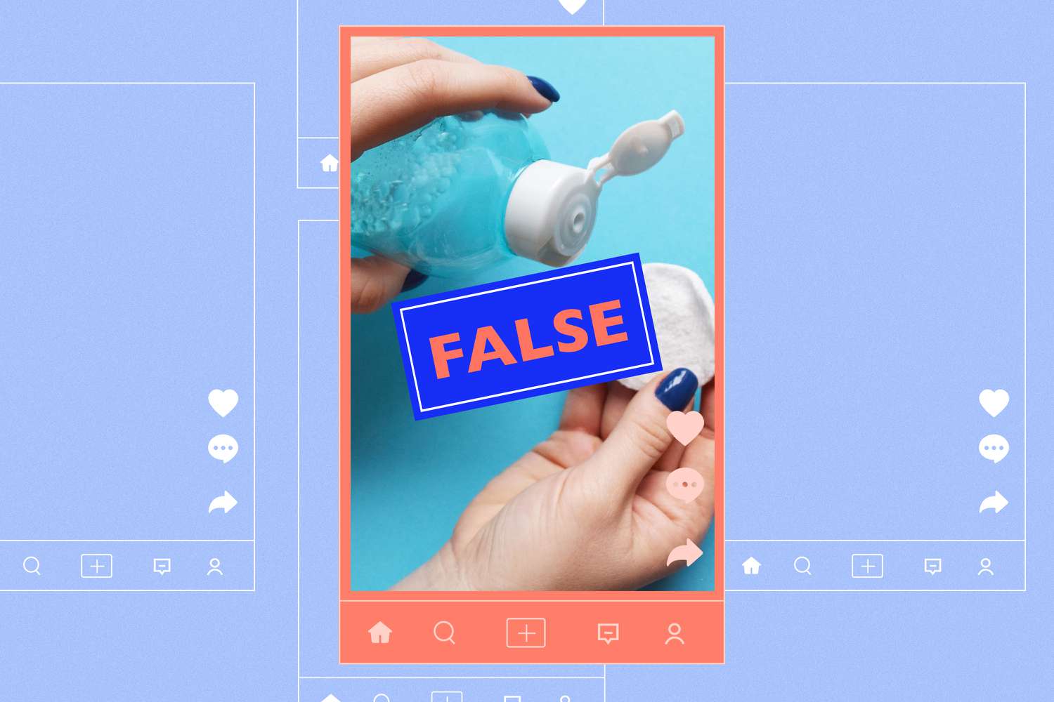 Hände, die mizellares Wasser und eine Baumwollrunde halten